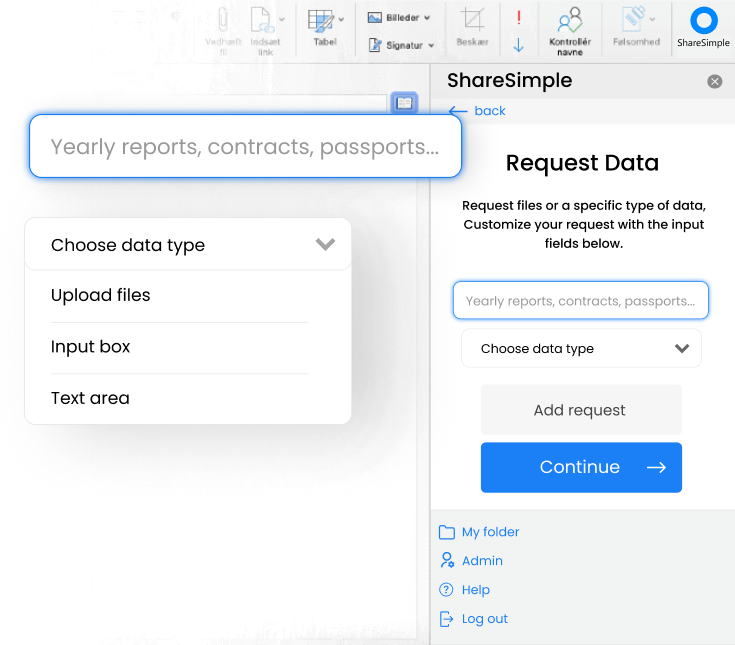 ShareSimple lader dig oprette en sikker formular til at anmode om data